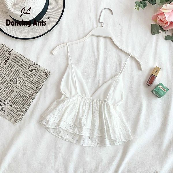 

women's tanks & camis woman sling vest v-neck sleeveless backless korean edition vests lace hollow out slim ruffles female fashion tank, White