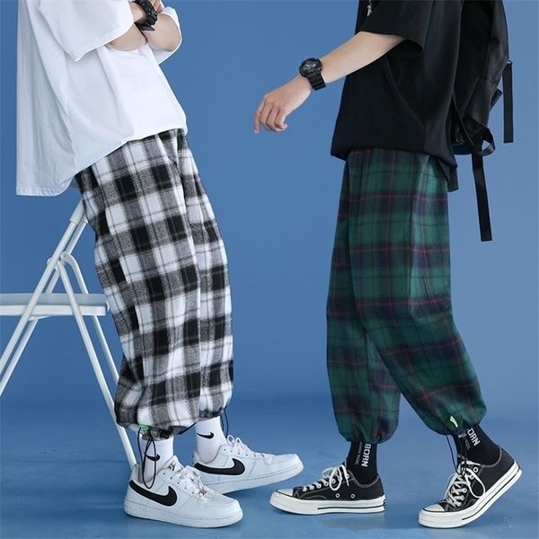

harajuku plaid pants men's comfortable loose streetwear joggers korean casual all-match trendy flannel wide trousers 220311, Black