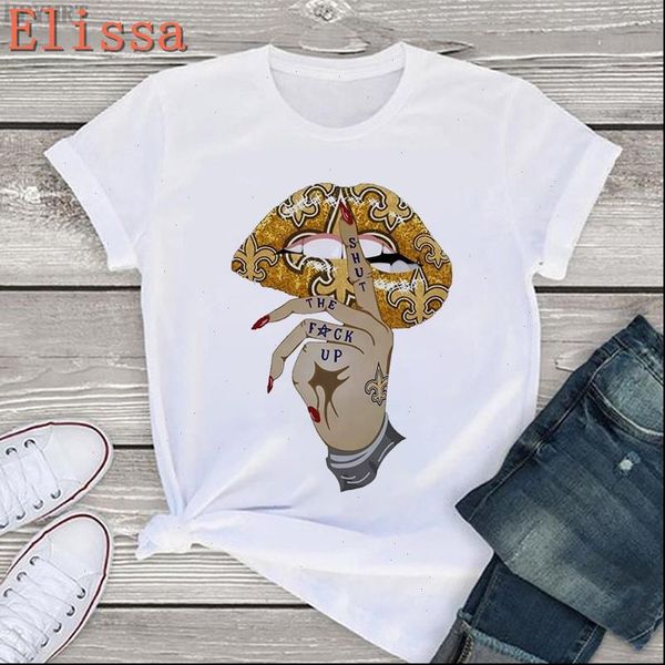 

womens t shirt harajuku shut up lips aesthetics print casual short sleeve streetwear women tee girl, White