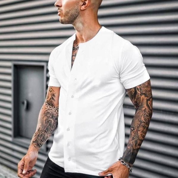 

Men's Casual Shirts Men's Shirt Cotton Solid Color Short Sleeve Blouse Chic Stand Collar Fashion Handsome Tops 2021 Streetwear Camisas, White;black