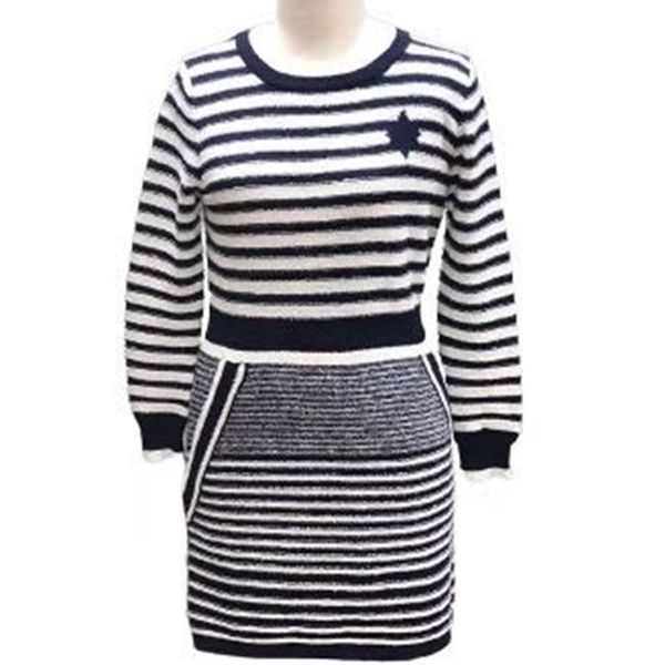 

women's fashion stripe long sleeve dress with slim waist round neck dresss, Black;gray