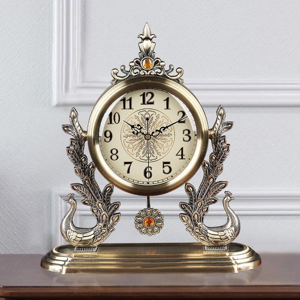 

desk & table clocks european light luxury metal clock quiet ornaments home american peacock decorative for
