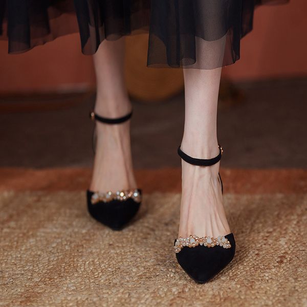 

luxury dress shoes french baotou sandal's spring and summer 2021 thin single sho high s dign sense of minority middle heel, Black