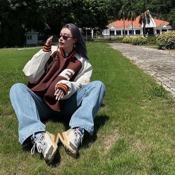 

women's jackets oversized streetwear retro baseball uniform jacket women's harajuku style pu leather contrast stitching men's c, Black;brown