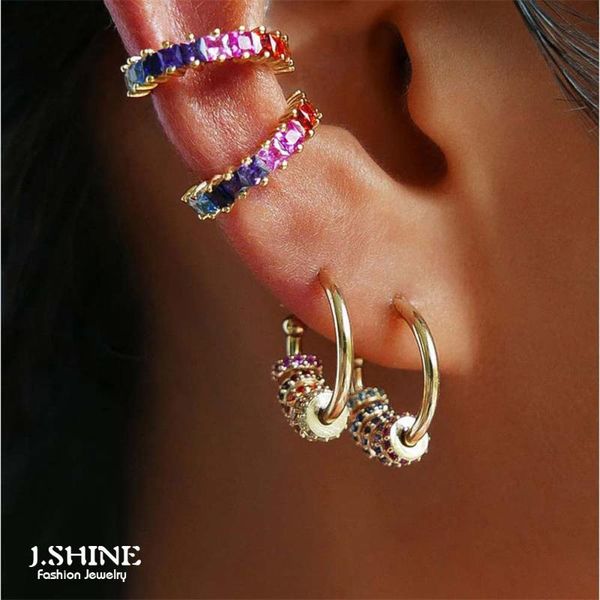 

hoop & huggie jshine colorful zircon c-shape huggies earrings for women geometric transfer beads circles small wholesale jewelry, Golden;silver