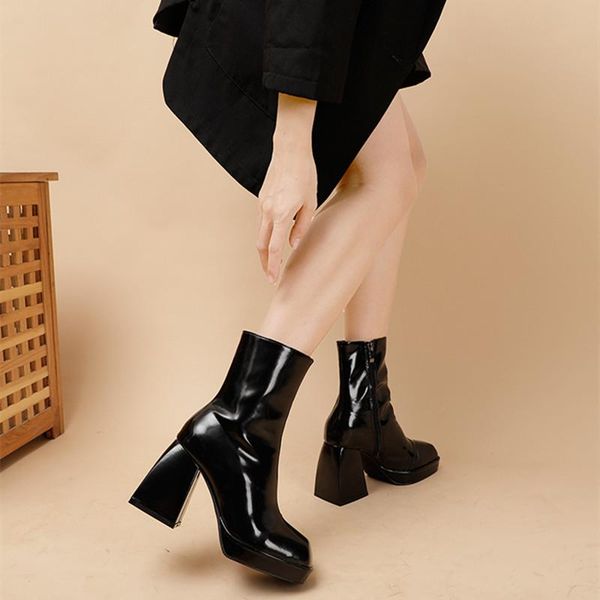 

boots prowow autumn winter ankle women patent leather fashion square toe british style chunky high heel boot botas cortas, Black