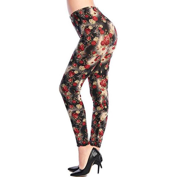 

women's leggings viianles floral printed elasticity slim push up leggins women high polyester ankle-length fitness pants female, Black
