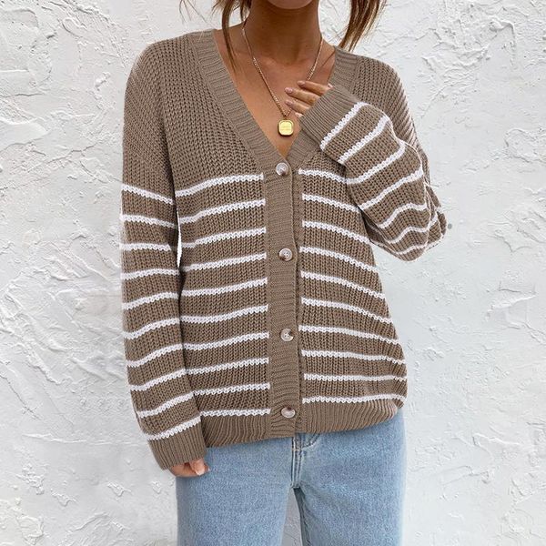 

women's knits & tees women striped knitted cardigan sweater autumn winter adults button down long sleeve v-neck, White