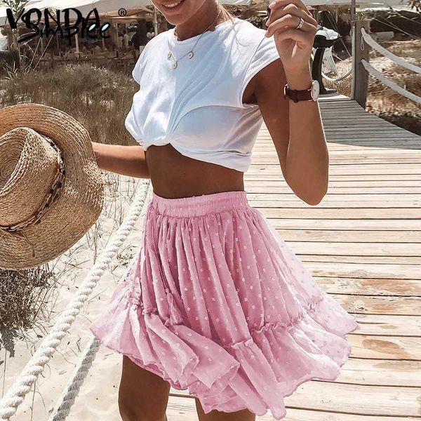 

skirts vonda women mini casual high waist polka dot short skirt loose pink a line floral printed ruffle summer chiffon, Black