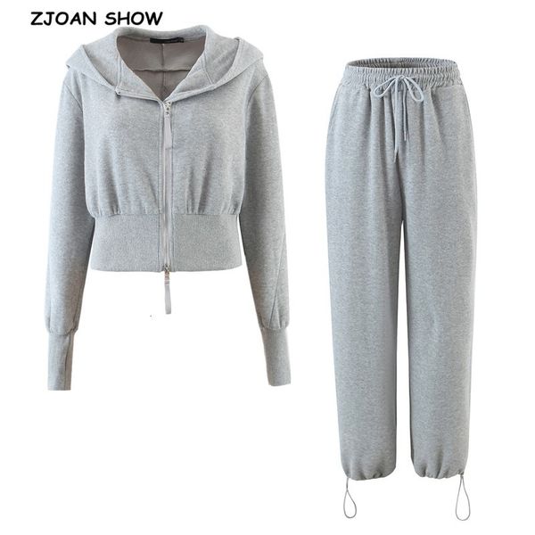 

women's two piece pants harajuku double zipper hooded hoodies women cropped sweatshirt elastic high waist adjust cuff wide leg sho, White