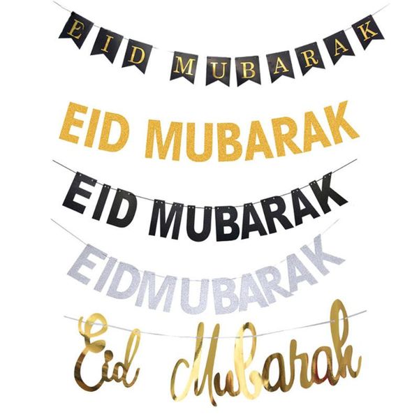 

party decoration 1set gold/silver/black glitter eid mubarak hanging flag muslim festival bunting banner paper garland decor diy