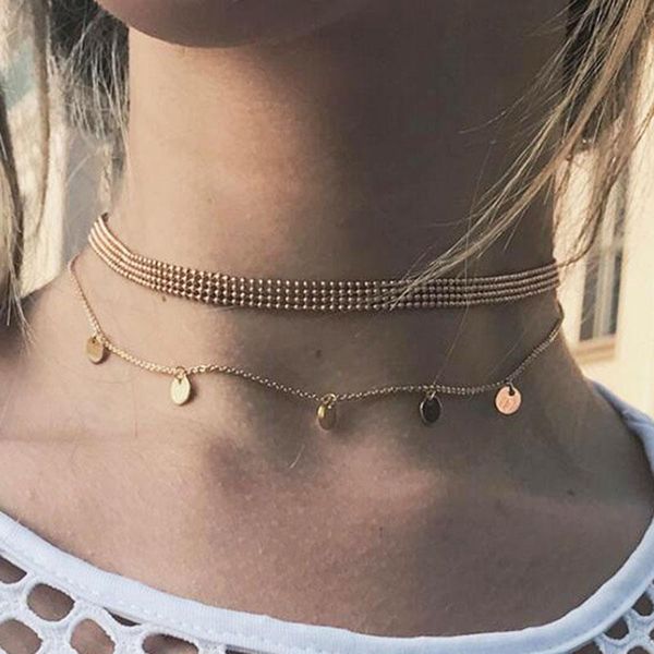

european fashion multilayer round sequins charms choker necklace for women vintage bead chain clavicle necklaces jewelry yn143 chokers, Golden;silver