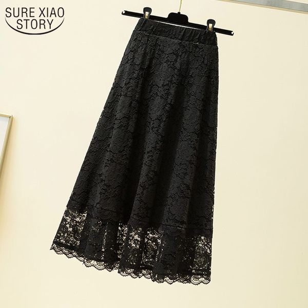 

autumn casual lace black skirt high waist loose s womens floral mid-calf plus size women mujer faldas 9833 210508