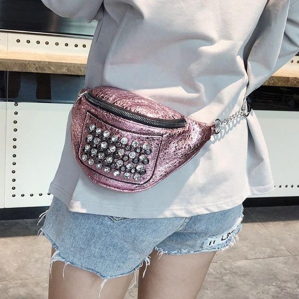 

women chest bag street rhinestones rivets fanny pack waist belt female crossbody pouch bags mini purse wallets