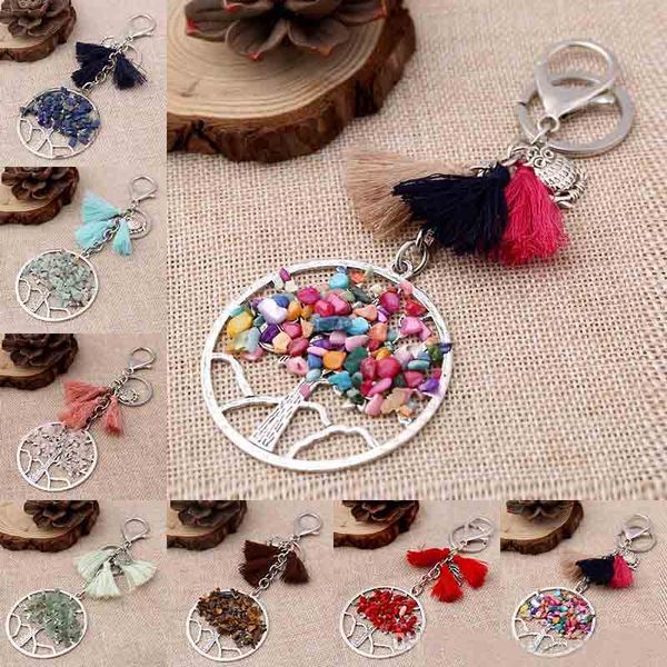 

natural stone tree of life key ring owl tassel keychain holders bag hangs fashion, Slivery;golden