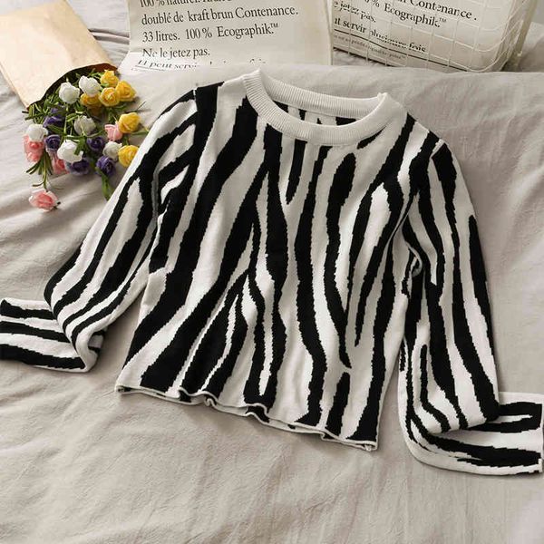 

woman knitted sweaters sweet women korean loose long sleeve pullover o-neck jumper zebra pattern outwear crop autumn new, White;black