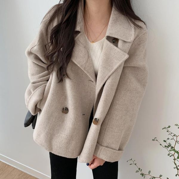 

women's wool & blends spot south korea chic double-breasted brief paragraph cloth coat lapels, Black