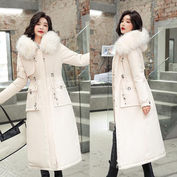 

women's down & parkas winter women x-long fleece jacket casual fur collar thick warm slim padded long coat for female -20degrees, Black