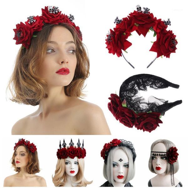 

women girls gothic red rose crown wedding garland halloween headband masquerade party costumes bridal headpiece hair accessories1