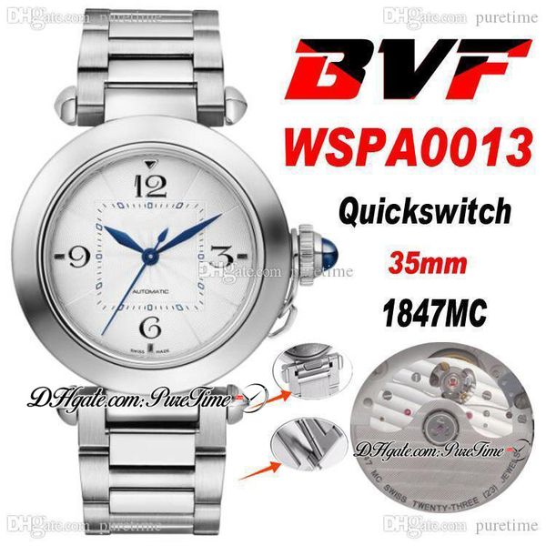 BVF 35mm Pasha WSPA0013 1847MC Orologio da donna automatico Quadrante argento Indicatori numerici Lancette blu Bracciale in acciaio inossidabile Super Edition Orologi da donna Puretime A1