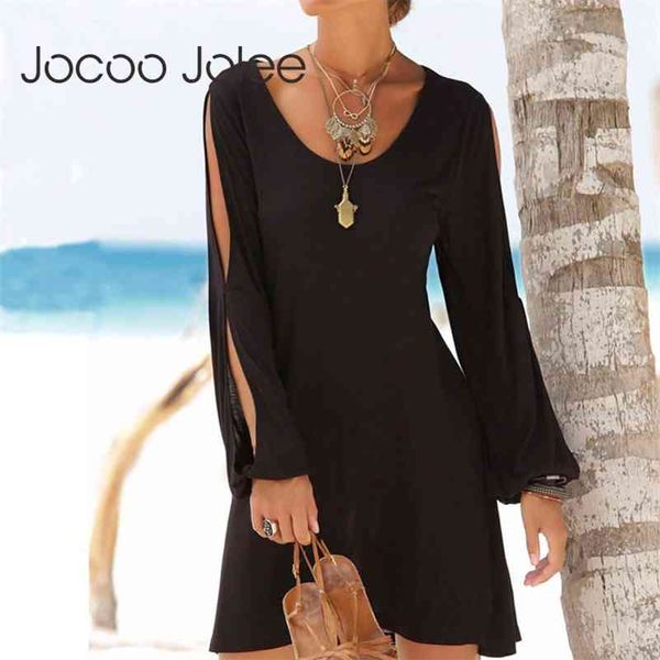 

hollow out lantern sleeve o neck loose casual solid straight elegant beach party mini dress 210416, Black;gray