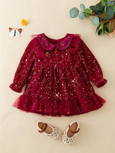 

baby girl galaxy print mesh dress she, Red;yellow