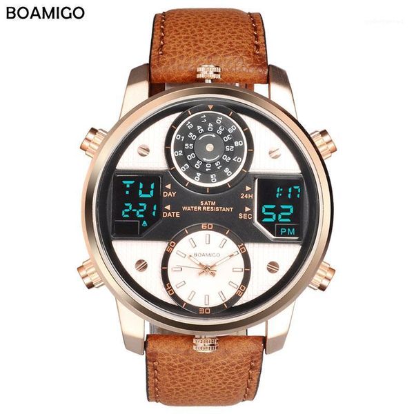 

wristwatches boamigo men quartz watches 3 time zone watch led digital sports male leather man clock relogio masculino, Slivery;brown