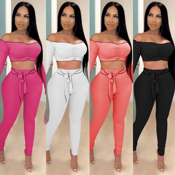 

women's tracksuits casual sporty matching set women workout bodycon 2 piece outfits skinny off shoulder crop and pants, Gray