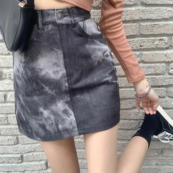 

skirts tie dye printed jeans pockets denim zipper high waisted korean style y2k vaqueros mujer streetwear, Black