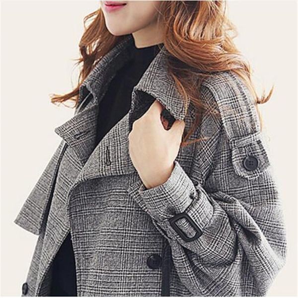 

women's trench coats coat windbreaker casual houndstooth pattern with belt button decoration long ladies ladies', Tan;black