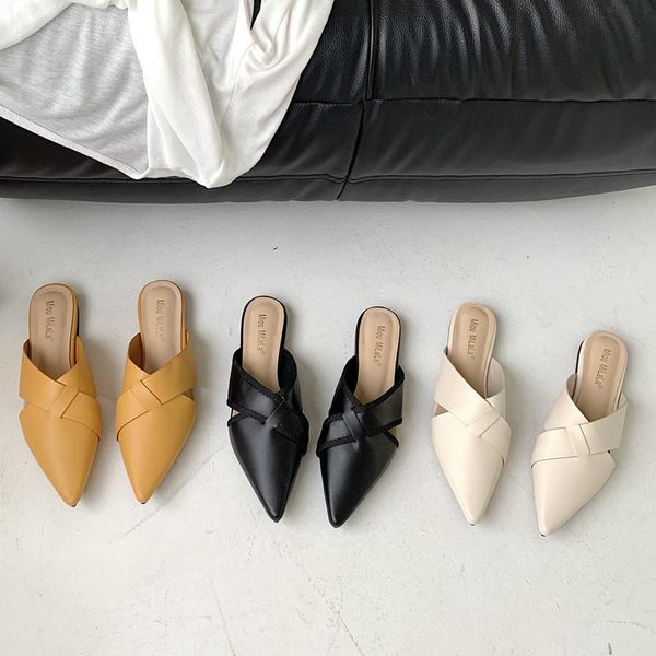 

slippers female shoes mules for women 2021 pointed toe loafers soft cross-tied shallow beige heeled sandals comfort black