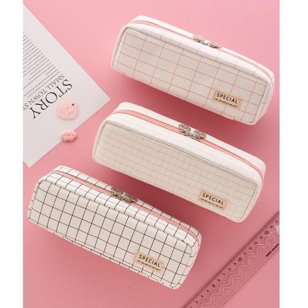 

pencil bags angoo [plaid] 3 layer pen bag, pink color grid case large organizer storage pouch stationery school student gift f461