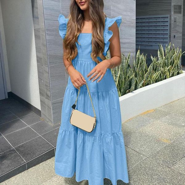 

summer elegant ruffled square collar womens dress maxi long sundress fashion sleeveless a line holiday backless vestidos, Black;gray