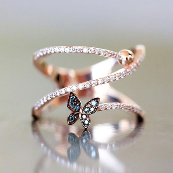 

wedding rings creative blue butterfly shaped ring with inlaid for lovers, Slivery;golden