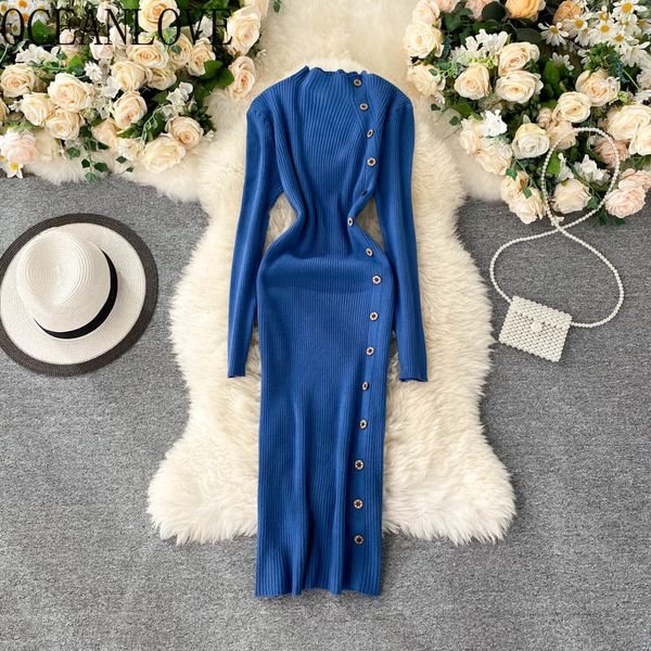 

knitted sweater dresses solid buttons stretch bodycon vestidos korean autumn winter long dress women clothes 18263 210415, Black;gray