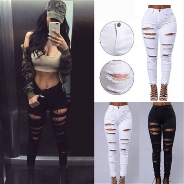 

pencil stretch casual denim womens pants skinny jeans ripped hole slim high waist lift hip summer, Black;white