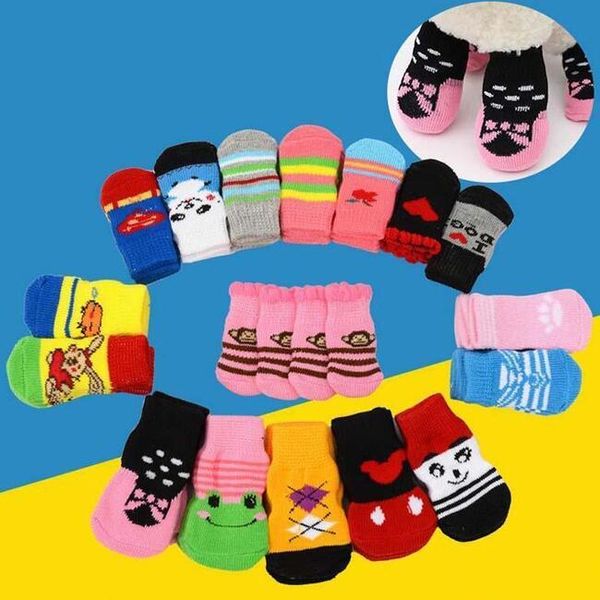 Hundekleidung warme Socken für Winter süße Welpe Hunde Weiche Baumwoll-Rutsch-Strick-Weave Socken Kleidung 4pcs/Set