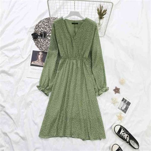 

nijiuding autumn latest high waist v-neck waist slimming printed mid-length chiffon dress ladies small fresh wild plus size 4xl, Black;gray