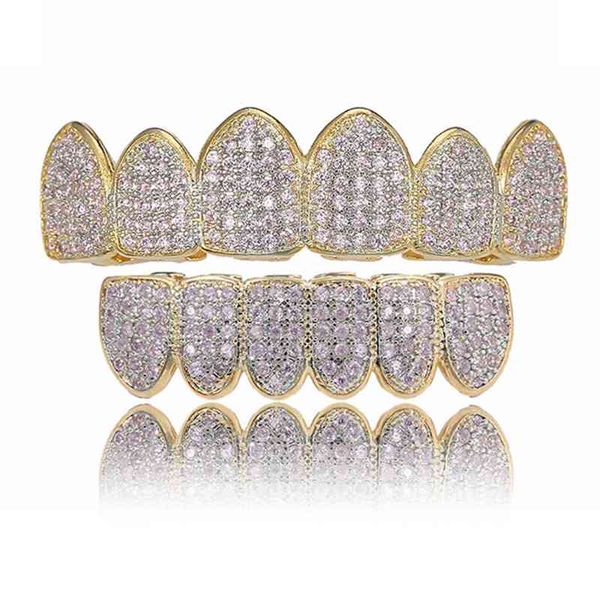 

hip hop iced out aaa zircon fang mouth teeth grillz caps & bottom grill set men women vampire grills for men's rapper, Silver
