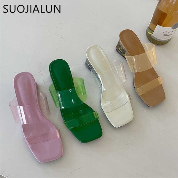 

suojialun transparent pvc women sandals low heel crystal heels slides summer outdoor beach slipper ladies flip flops shoes 210630, Black