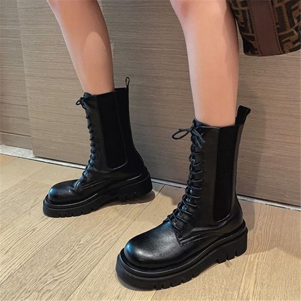 

boots pxelena 2021 street real natural leather military combat riding women lace up chunky heels motorcycle biker shoes, Black