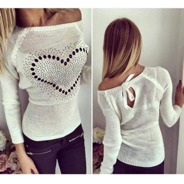 

autumn winter women back lace-up knitwear fashion beading long sleeve o-neck blouse women's blouses & shirts, White