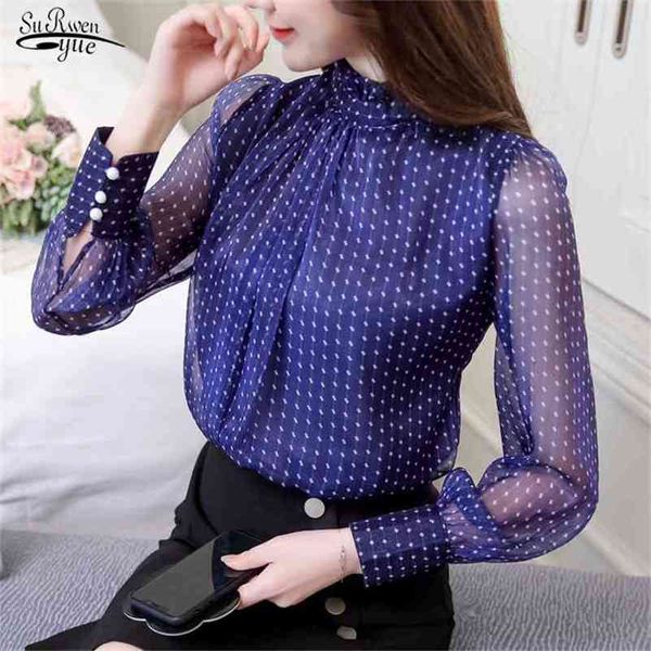 

blusas fashion chiffon blouse casual plus size shirt loose polka dot sweet stand collar elegant women clothing 82e3 210421, White