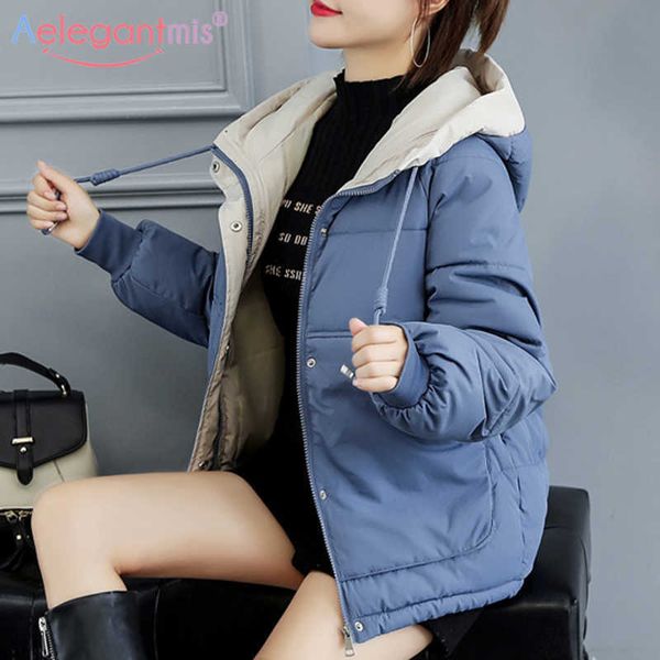 

aelegantmis women's winter jackets loose oversized warm woman parkas stylish solid color bread coat ladies casual hooded outwear 210607, Black