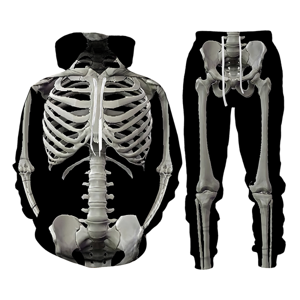 

men's tracksuits sportswear suit skeleton 3d hoodie trousers two-piece casual fashion autumn and winter quick-drying, Gray