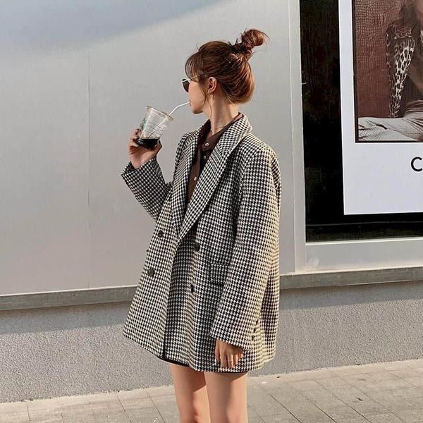 

women's jackets vintage plaid blazer spring autumn korean chic british style design niche street bombing jacket elegant high d0gd, Black;brown