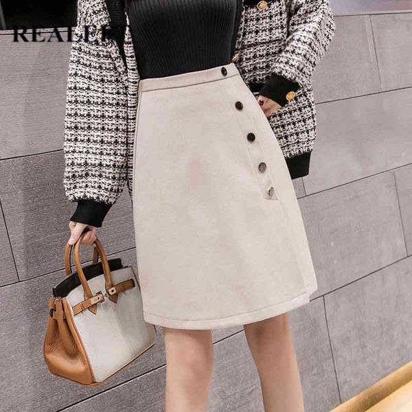 

winter vintage high waist a-line skirt warm fashion button ol style woolen women's midi skirts autumn mujer faldas 210428, Black