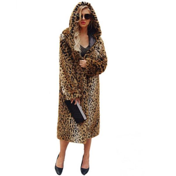 

women's fur & faux autumn and winter ladies coats fashion leopard print long loose wild windbreaker simple warm outwear xf722, Black