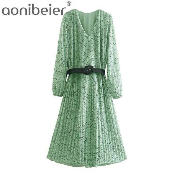 Plissee Kleid Dot Print Frauen V-Ausschnitt Langarm Casual Midi es Fresh Green Swing Chiffon mit Gürtel weiblich 210604