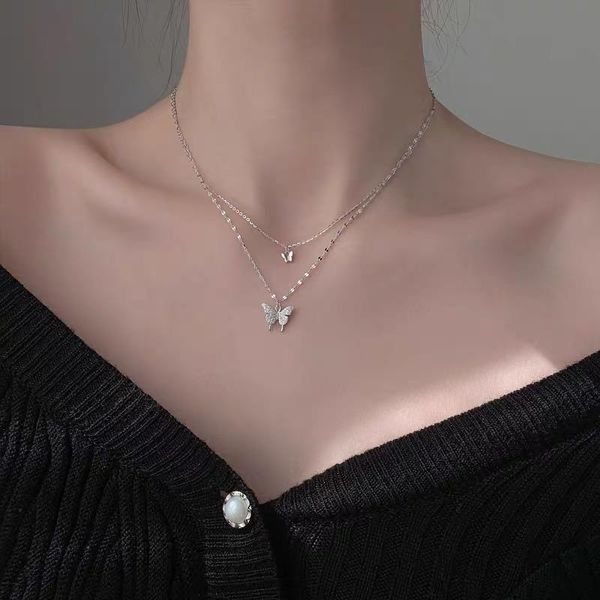 

pendant necklaces elegant silver plated multi-layer link chain butterfly charm clavicle choker necklace for women statement jewelry